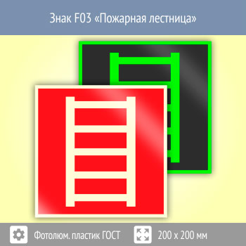 Знак F03 «Пожарная лестница» (фотолюминесцентный пластик ГОСТ 34428-2018, 200х200 мм)